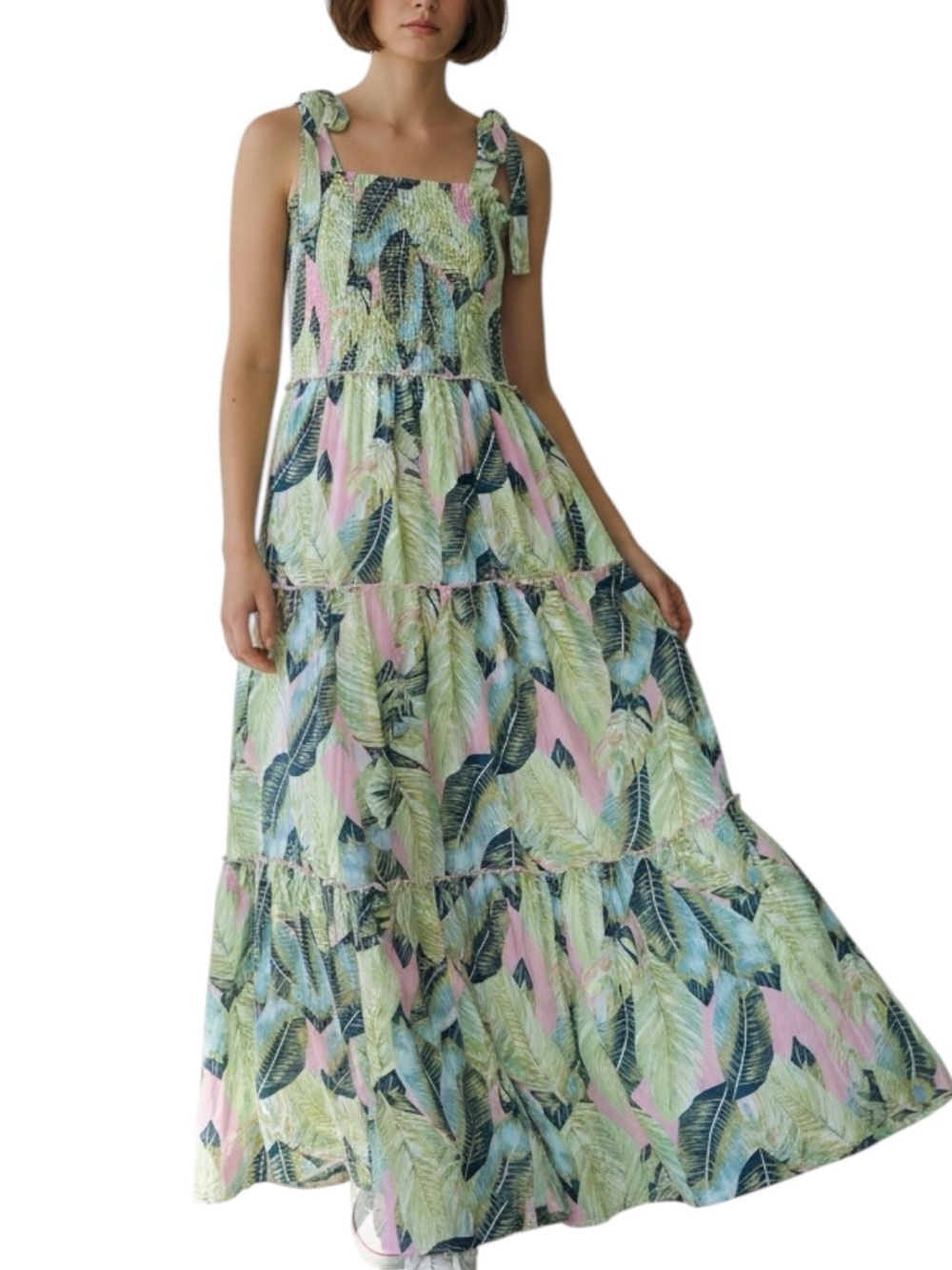 Hawaiian Sun Dress Maxi sleeveless smocked teal green blush pink NWT tiers tall
